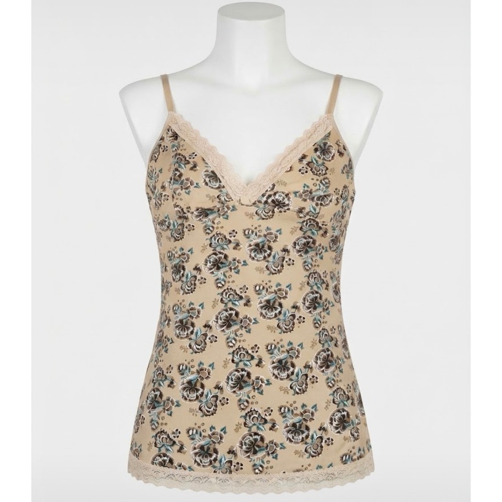 Tracy Floral Lace Trim Cami Tank Top S Tan Brown Teal Y2K Coquette Boho Layering